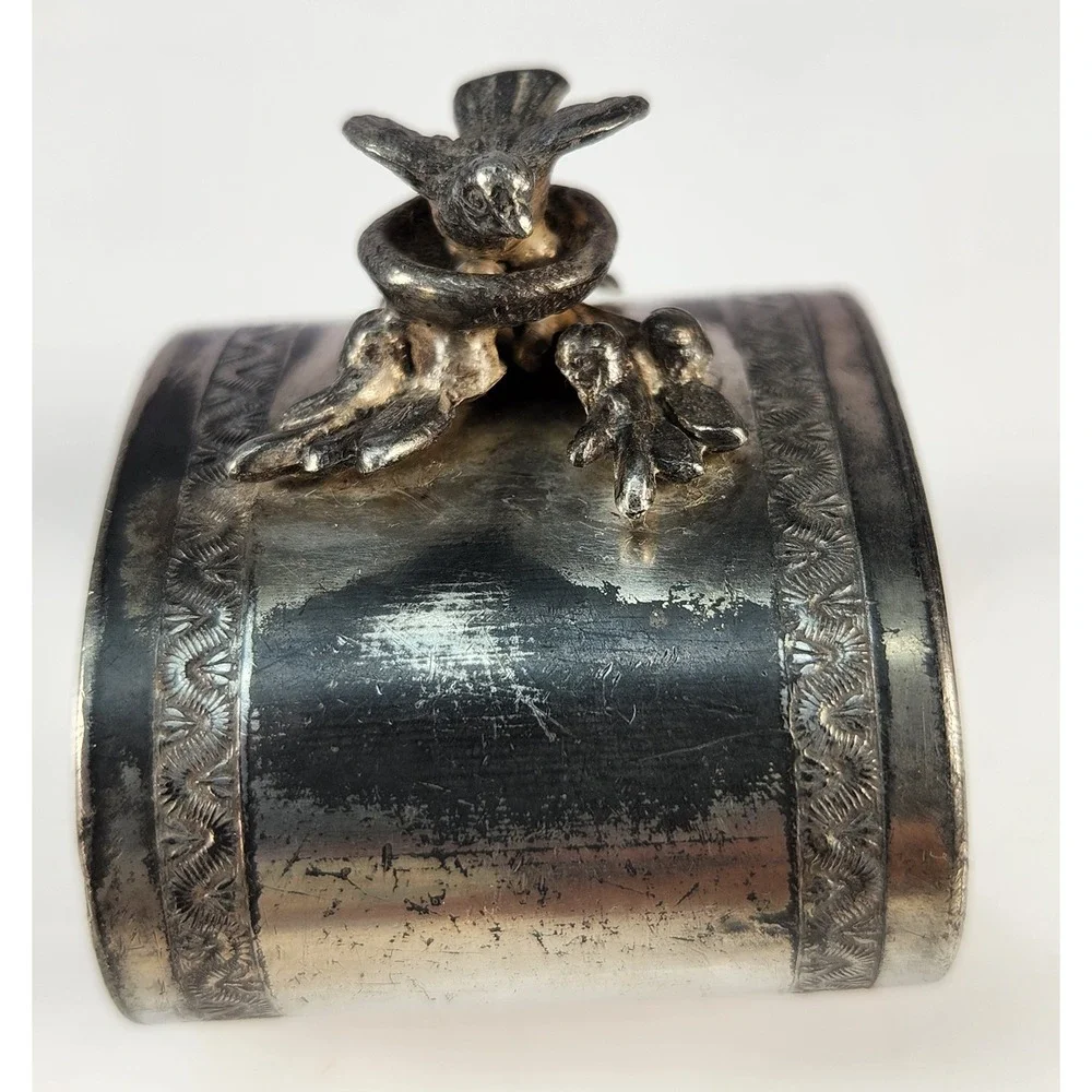 Antique Silver Plated Figurine Napkin Ring Nesting Bird On Branch Collectible